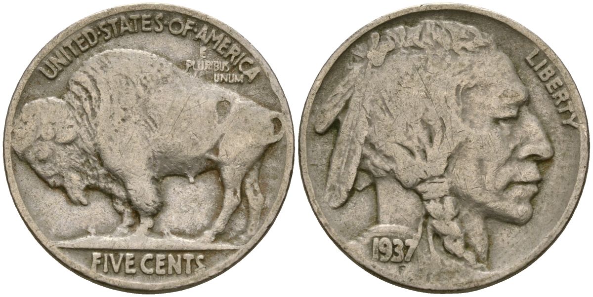 США 5 центов 1937 индеец, бизон KM 134 медно-никель 4563-632