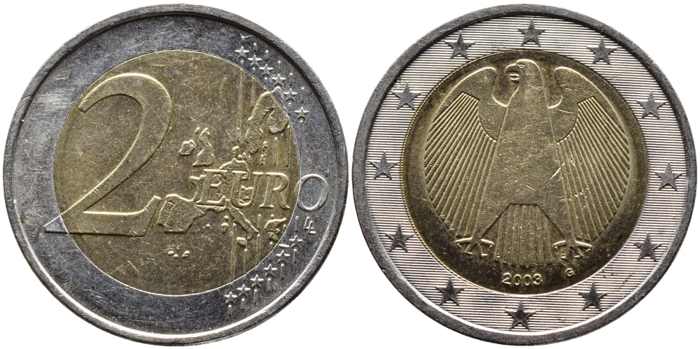 ГЕРМАНИЯ 2 ЕВРО 2003 G KM 214 биметалл 4390-1055