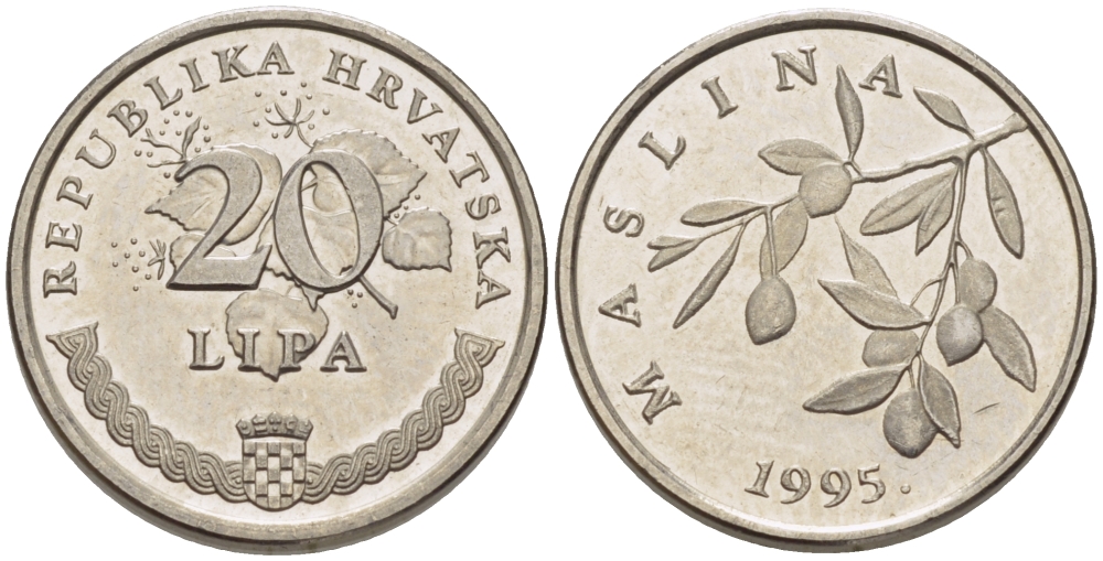 Хорватия 20 лип 1995 олива, легенда на хорватском KM 7 сталь плакированная никелем 66-535
