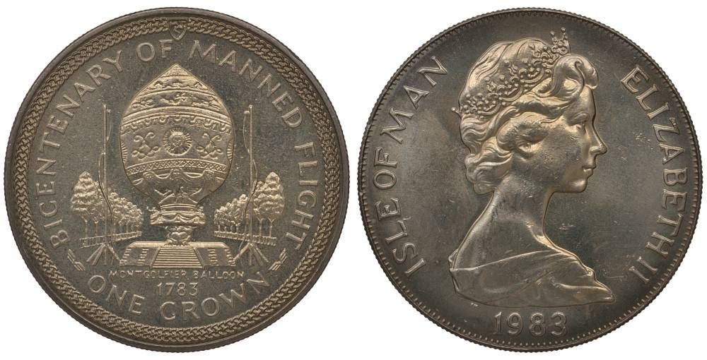 ОСТРОВ МЭН 1 КРОНА 1983 СЕРИЯ 200 ЛЕТ ПИЛОТИРУЕМОМУ ПОЛЕТУ, ВОЗДУШНЫЙ ШАР БРАТЬЕВ МОНГОЛЬФЬЕР KM 103 медно-никель UNC 00-00