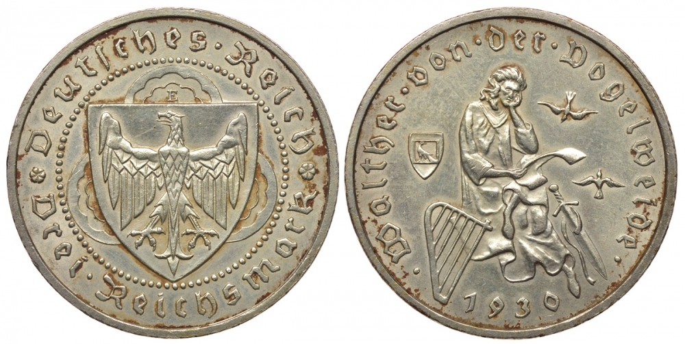 Германия 3 марки 1930 E, 700 лет со дня смерти Вальтера фон дер Фогельвейде J. 344, KM 69 серебро 00-804-50