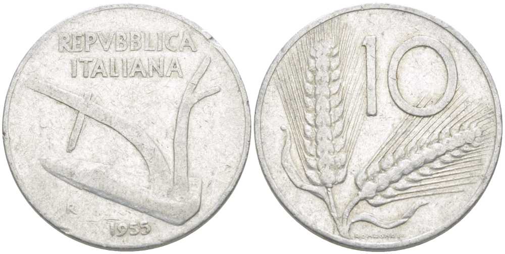 ИТАЛИЯ 10 ЛИР 1955 R, ПЛУГ, КОЛОСЬЯ KM 93 алюминий 175-354
