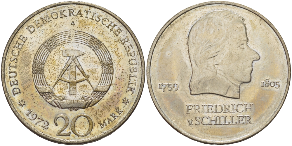 ГДР 20 марок 1972 А, Фридрих Шиллер (1759-1805) KM 40 медно-никель 82-1111