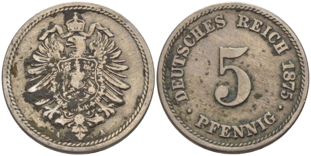 ГЕРМАНИЯ 5 ПФЕННИГОВ 1875 А, СТАРОГЕРБОВКА KM 3, J.3 медно-никель 100-321