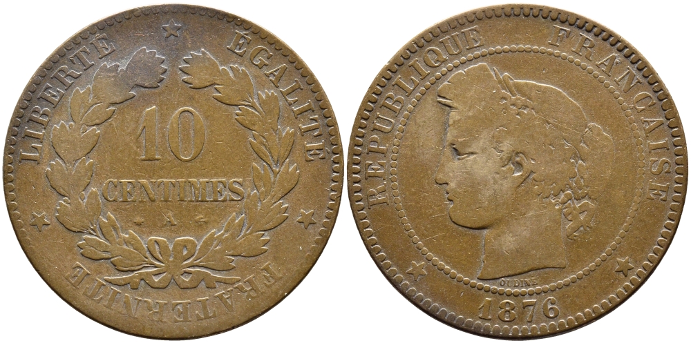 ФРАНЦИЯ 10 САНТИМОВ 1876 A, ТРЕТЬЯ РЕСПУБЛИКА (1871-1940) KM 815.1, LA FRANC 135.16 бронза 4389-1031