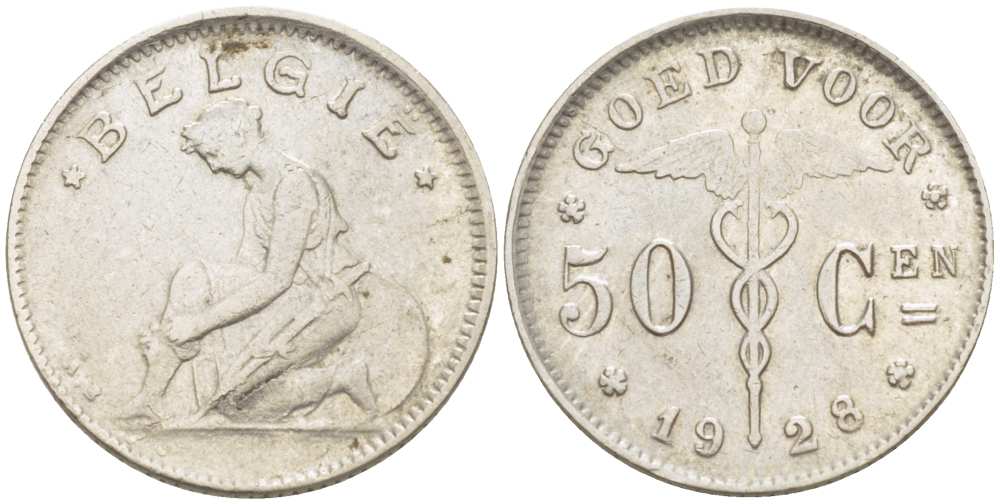 БЕЛЬГИЯ 50 САНТИМОВ 1928 BELGIE KM 88 никель 100-1051