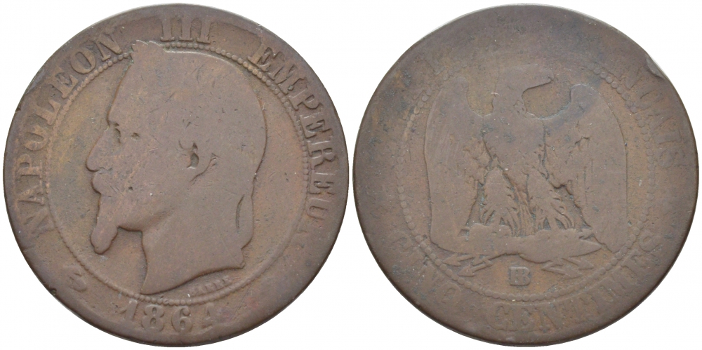 ФРАНЦИЯ 5 САНТИМОВ 1864 BB, НАПОЛЕОН III (1852-1870) KM 797.2, LE FRANC 117.12 бронза 4448-134