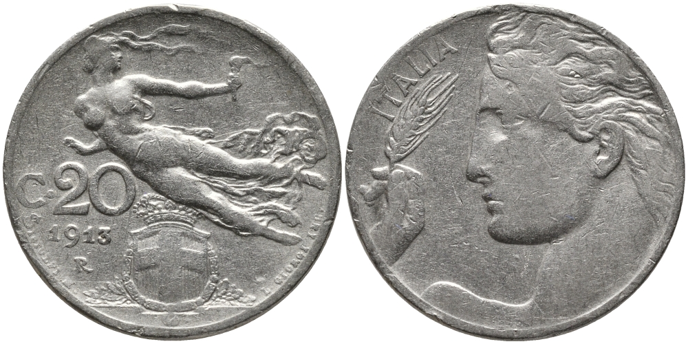 Италия 20 чентезимо 1913 R, Виктор Эммануил III (1900-1946) KM 44 никель 75-751