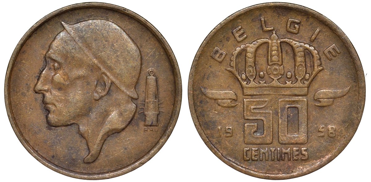 Бельгия 50 сантимов 1958 KM 149 бронза 4174-153