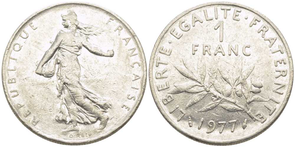 ФРАНЦИЯ 1 ФРАНК 1977 СЕЯТЕЛЬ KM 925.1, LE FRANC 226.22 никель 175-545