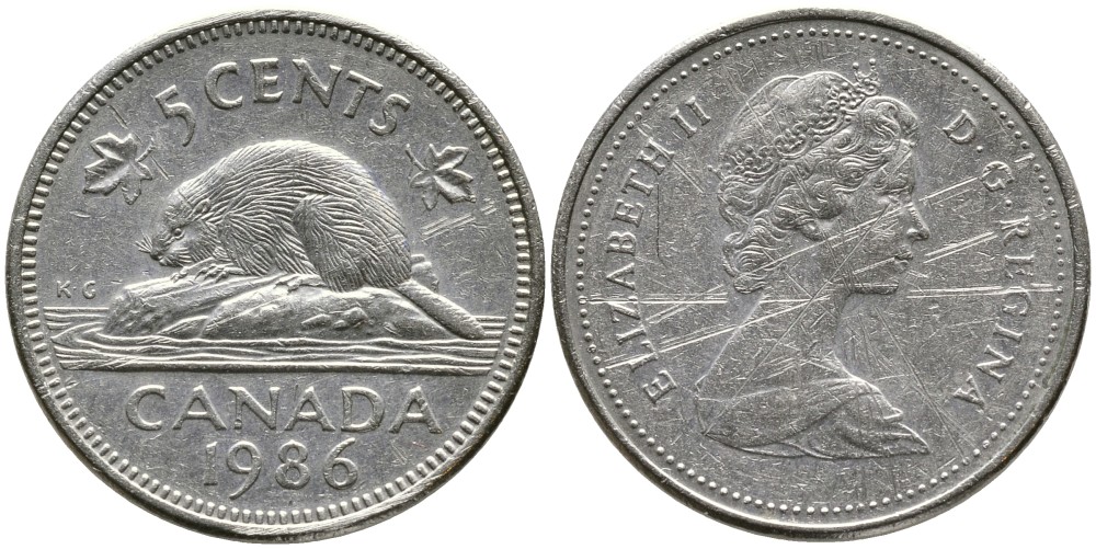 Канада 5 центов 1986 Елизавета II (1952-2022), бобер KM 60.2 a медно-никель 4543-657
