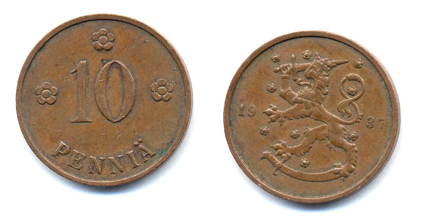 Финляндия 10 пенни 1937 республика (1918-1962) KM 24 медь 51-5547