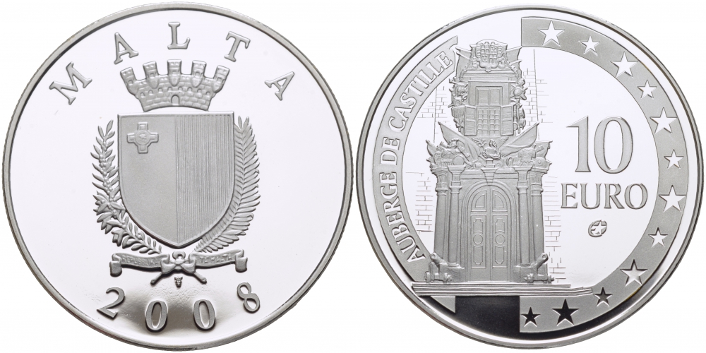 Мальта 10 евро 2008 Оберж де Кастиль, Кастильское подворье, резиденция премьер-министра в Валлетте KM 137 серебро PROOF 1071-10-12