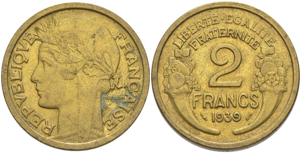 ФРАНЦИЯ 2 ФРАНКА 1939 ТИП MORLON KM 886, LE FRANC 268.12 алюминиевая бронза 3855-213