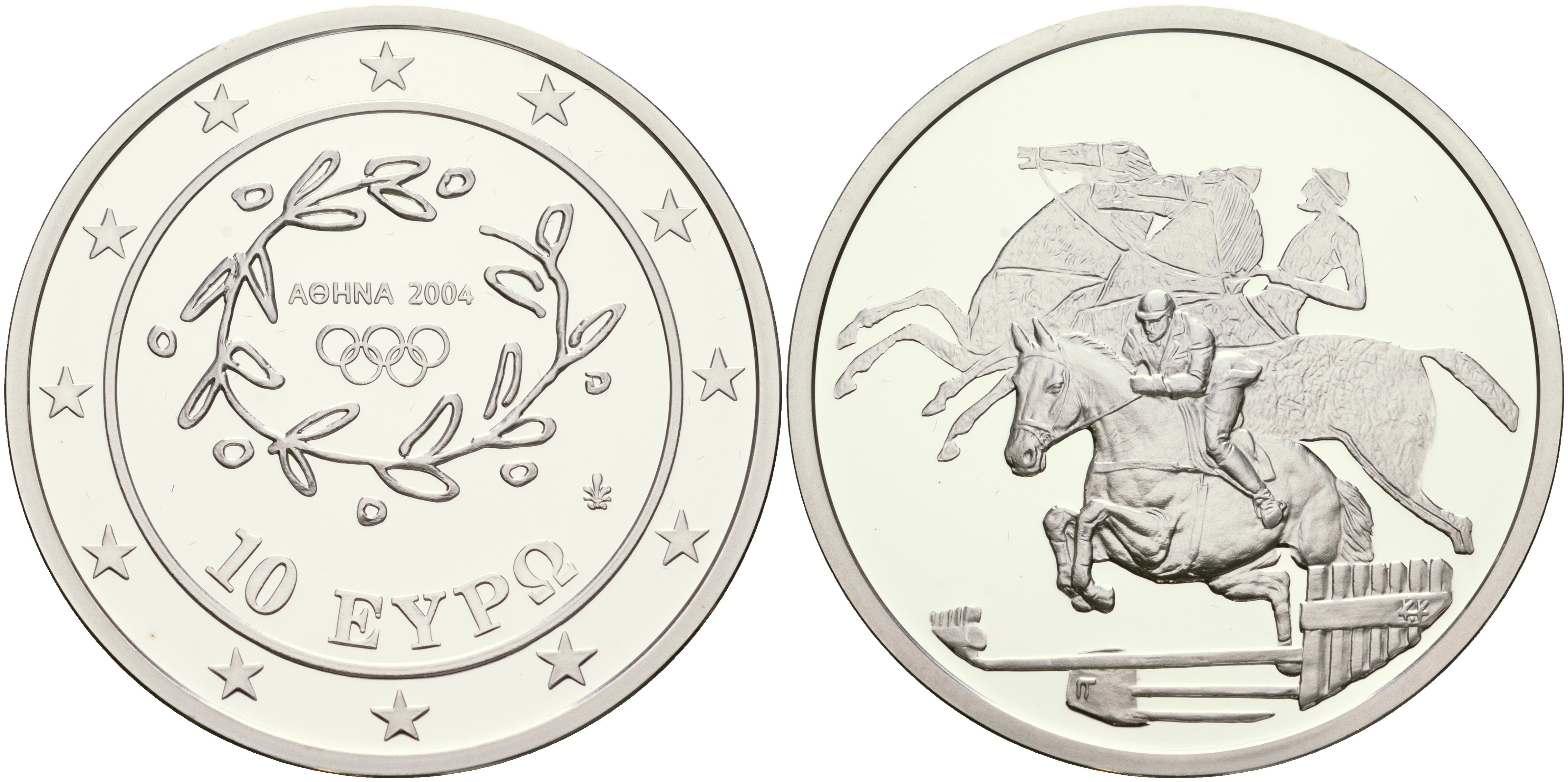 Греция 10 евро 2003 XXVIII летние Олимпийские игры 2004 года в Афинах, конный спорт, конкур KM 197 серебро PROOF 06-256-22