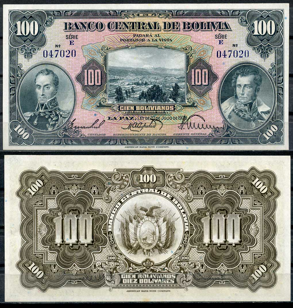 Боливия 100 боливиано 1928 серия E, Симон Боливар и Антонио Хосе Сукре Pick 125 a (5)  бумага  UNC (пресс) 451-47-1