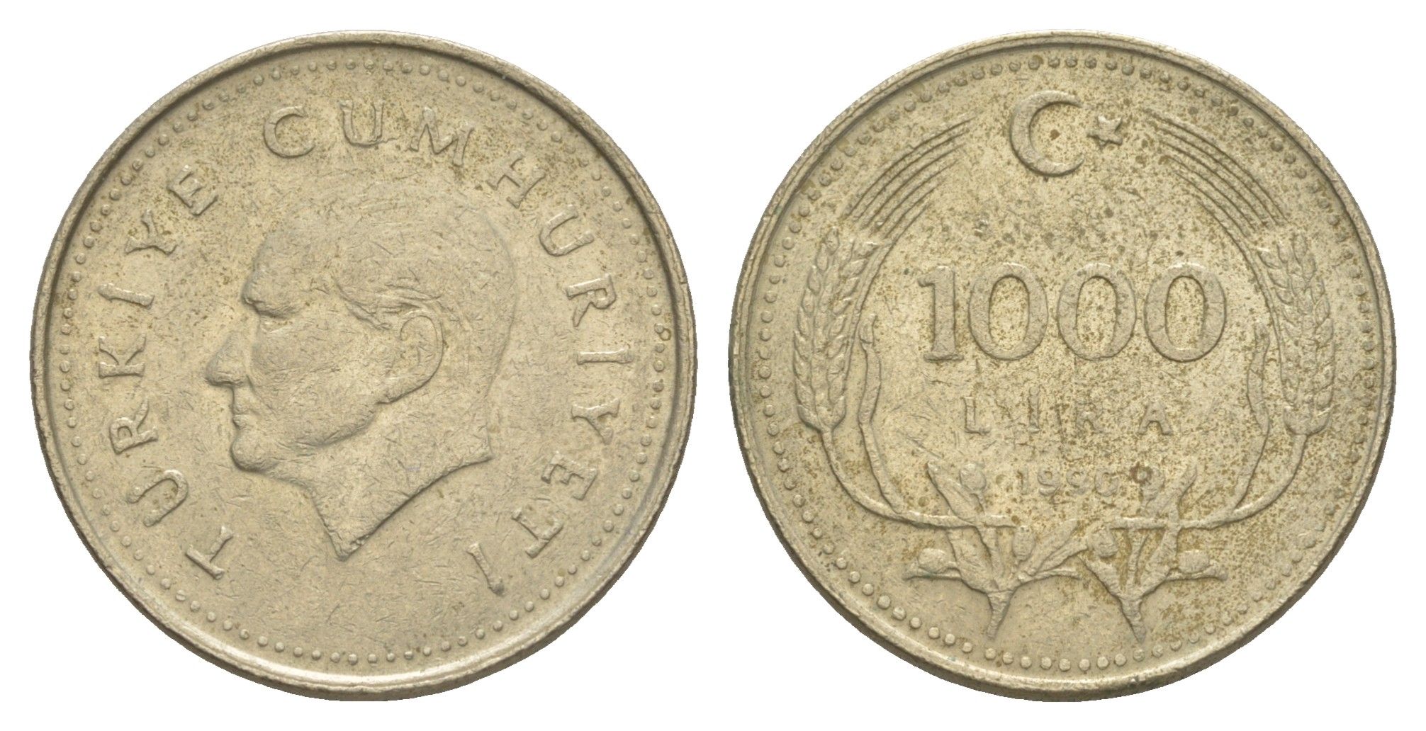 Турция 1000 лир 1990 Кемаль Ататюрк KM 997 медь цинк никель 4523-1233