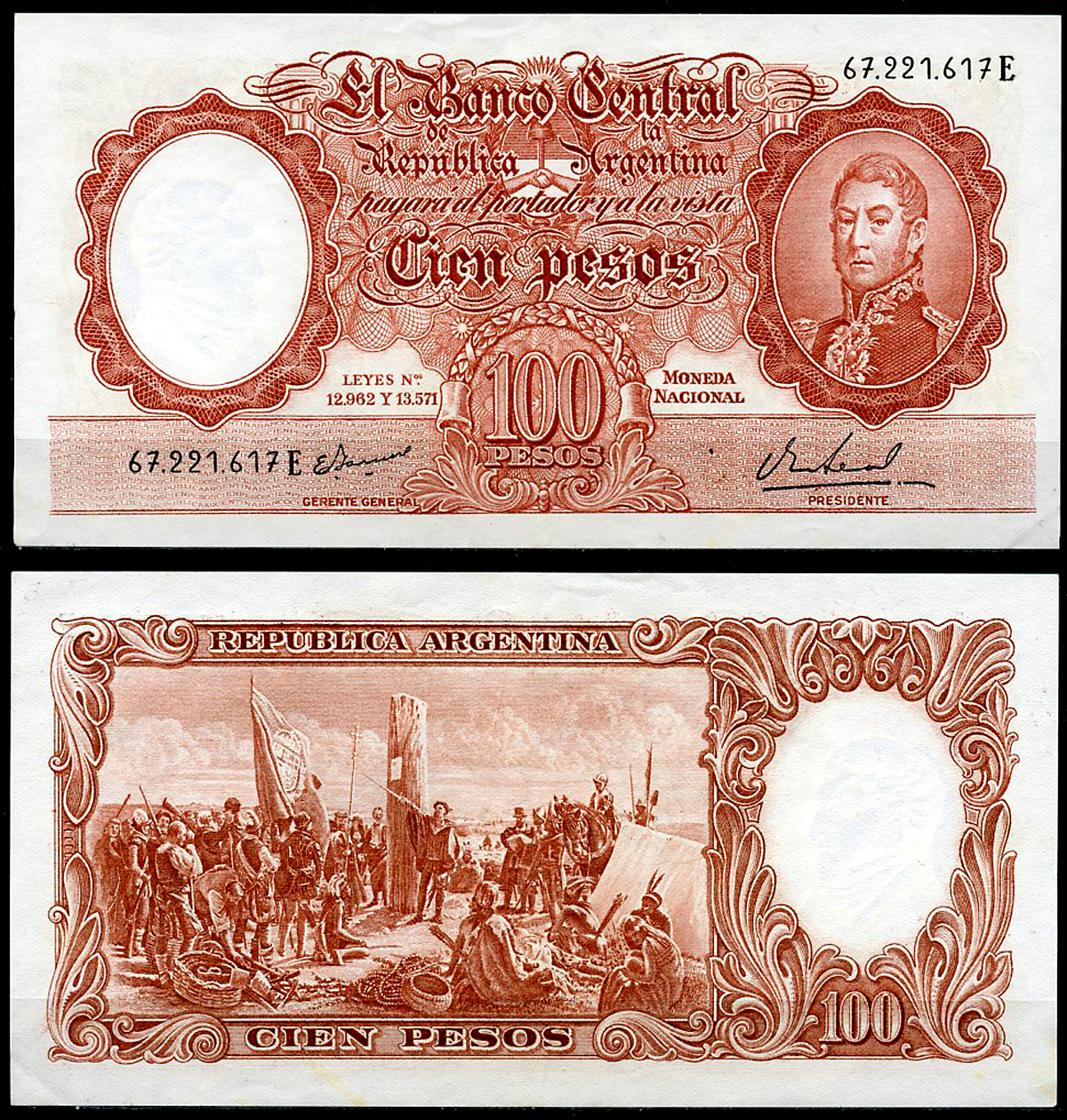 Аргентина 100 песо ND (1967-1969) Генерал Сан Мартин, картина "Основание Буэнос-Айреса" Pick 272 (10)  бумага  аUNC  444-133-2-2