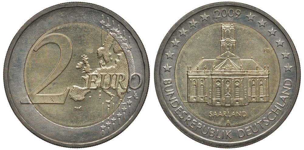 ФРГ 2 евро 2009 А, серия Федеральные земли, Саарланд, церковь Святого Людвига в Саарбрюккене KM 276 биметалл 3856-713