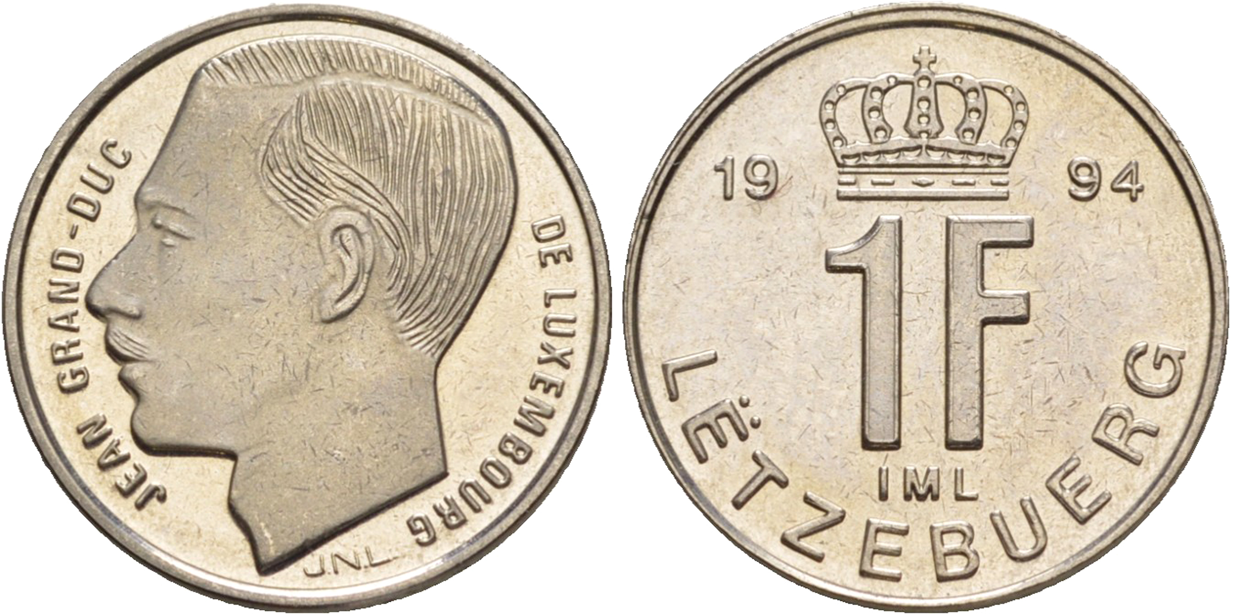 Люксембург 1 франк 1994 Великий герцог Жан (1964-2000), тираж 10.000 экземпляров KM 63 сталь плакированная никелем  BU  4635-1221