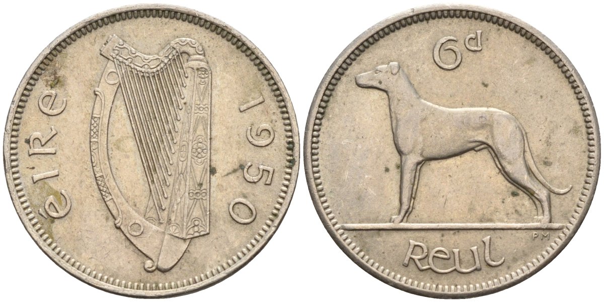 Ирландия 6 пенсов 1950 ирландский волкодав KM 13a медно-никель 4132-333