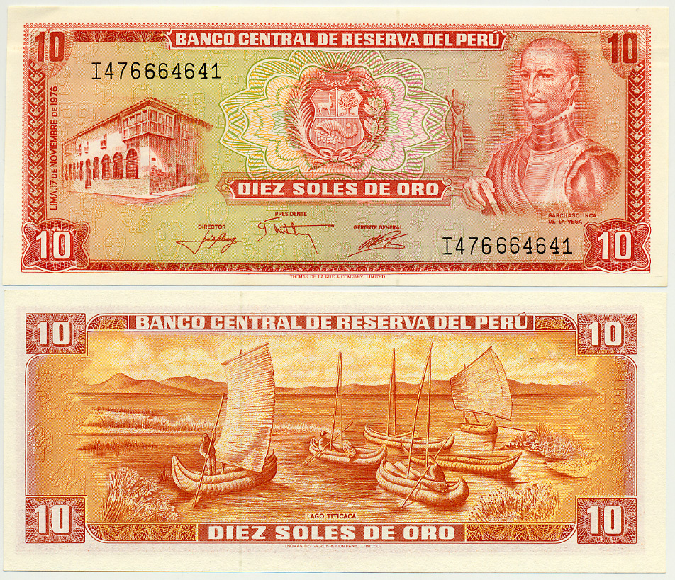 Перу 10 солей 1976 Инка Гарсиласо де ла Вега, озеро Титикака Pick 112 бумага аUNC 7485-63-3
