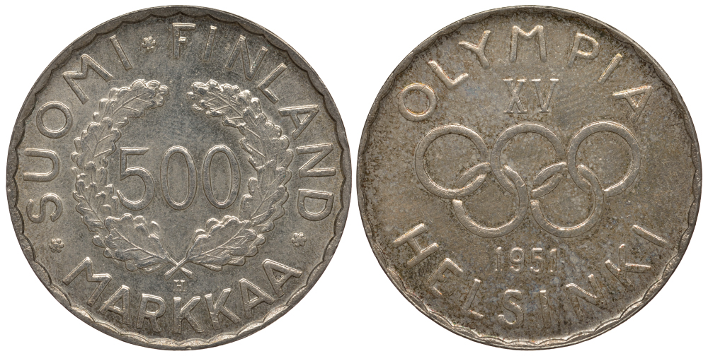 Финляндия 500 марок 1951 H, XV зимние Олимпийские игры в Хельсинки 1952 года KM 35 серебро 00-814-38