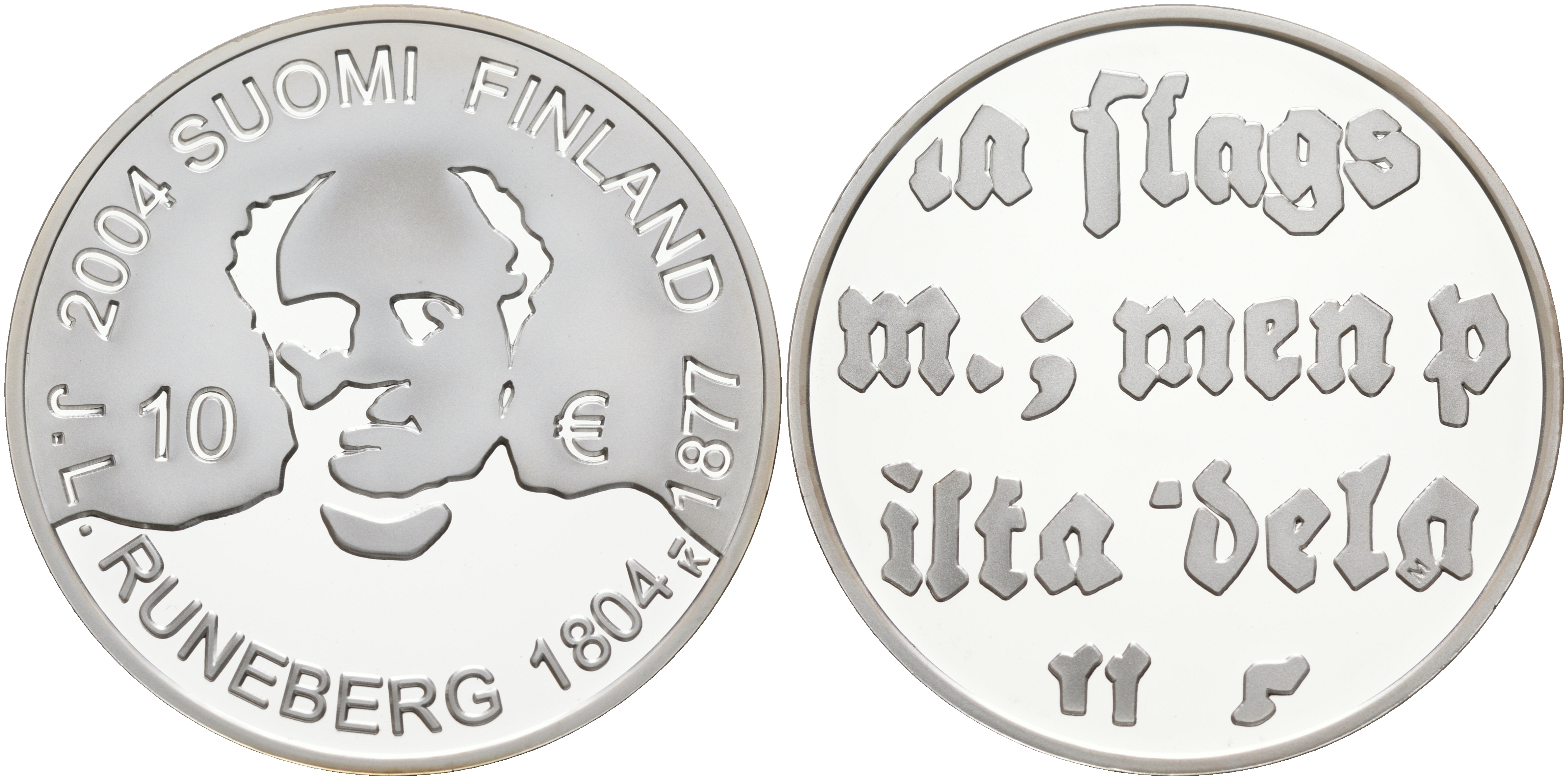 Финляндия 10 евро 2004 200 лет со дня рождения Йохана Людвига Рунеберга, поэт KM 115 серебро  PROOF 11-127-45