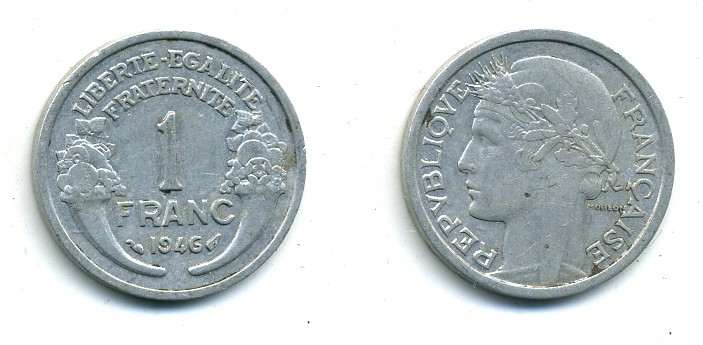ФРАНЦИЯ 1 ФРАНК 1946 KM 885а.1 алюминий 84-244