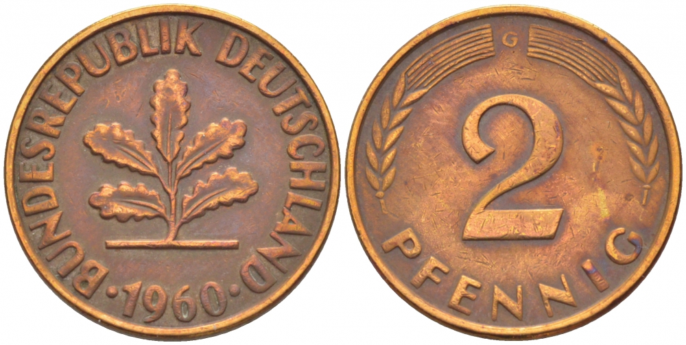 ФРГ 2 ПФЕННИГА 1960 G KM 106, J. 381 бронза 4396-1552