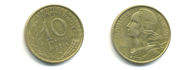 ФРАНЦИЯ 10 САНТИМОВ 1968 ТИП MARIANNE KM 929, LE FRANC 144.8 алюминиевая бронза 86-1725