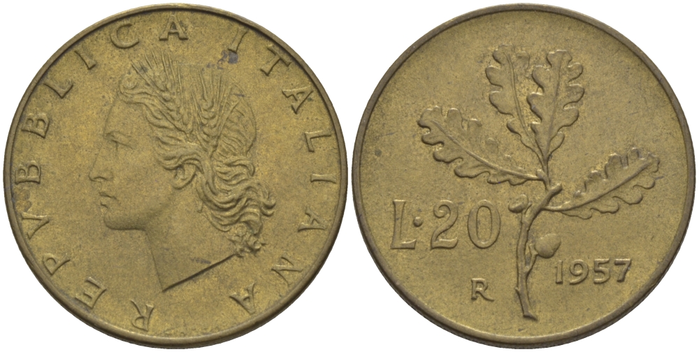 ИТАЛИЯ 20 ЛИР 1957 R, ДУБОВЫЙ ЛИСТ KM 97.1 алюминиевая бронза 28-127