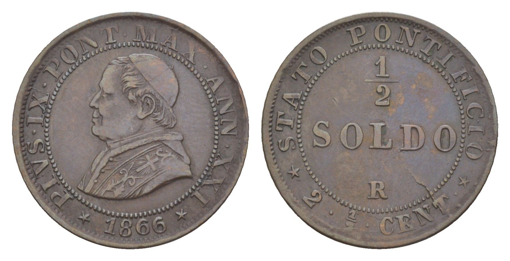 Папская область 1/2 сольдо 1866 R, Пий IX (1846-1878), редкий год KM 1371 медь 633-322