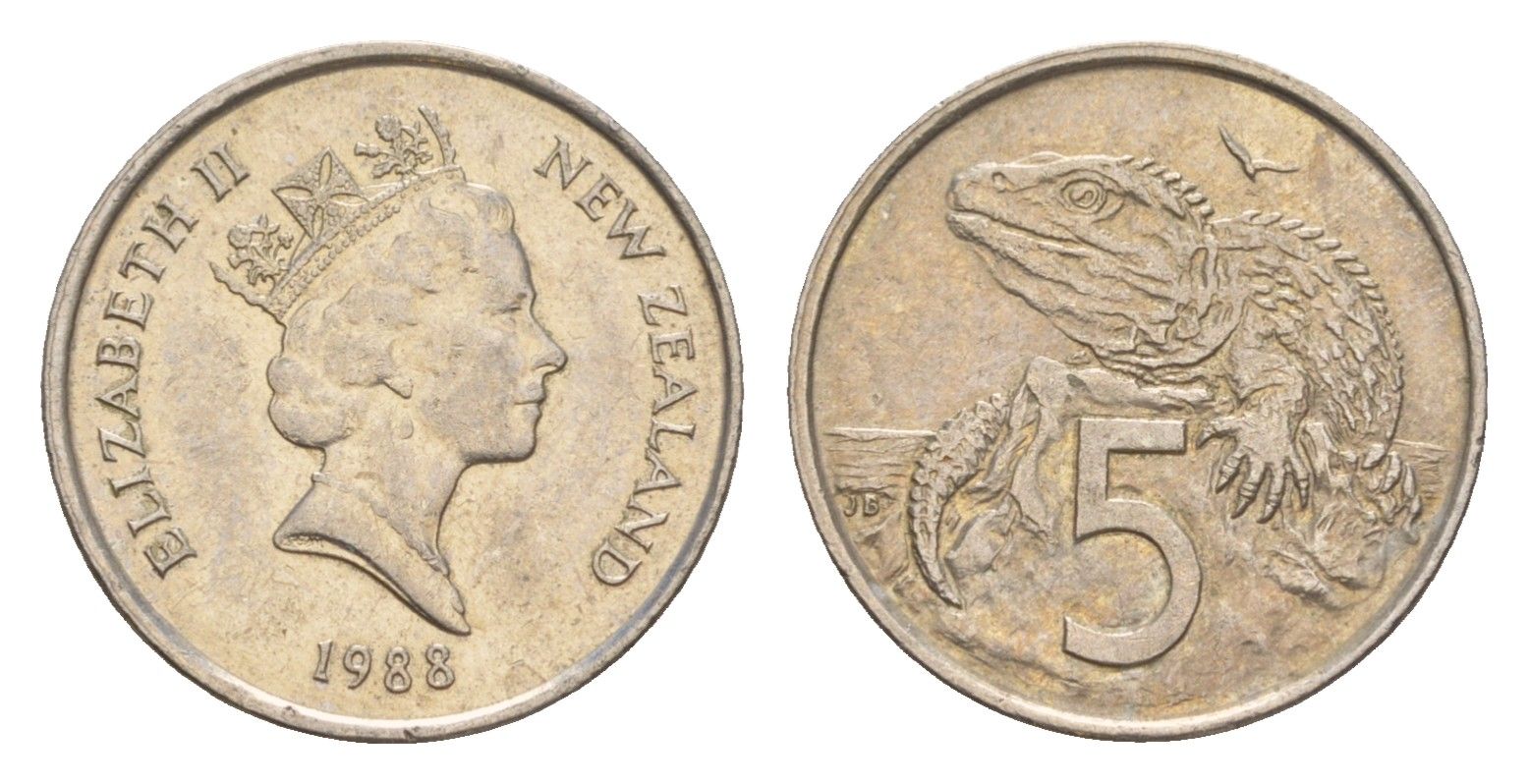 Новая Зеландия 5 центов 1988 Елизавета II (1952-2022), ящерица гаттерия KM 60 медно-никель 4178-157