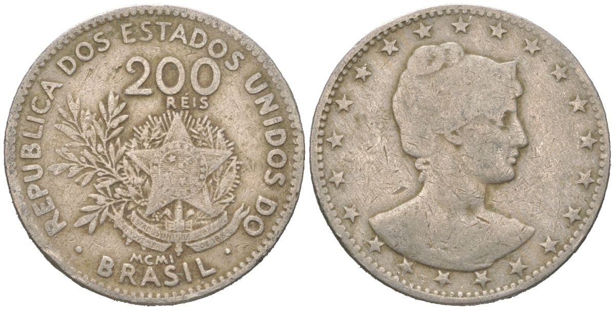 Бразилия 200 реалов 1901 MCMI, голова свободы вправо KM 504 медно-никель 4612-312