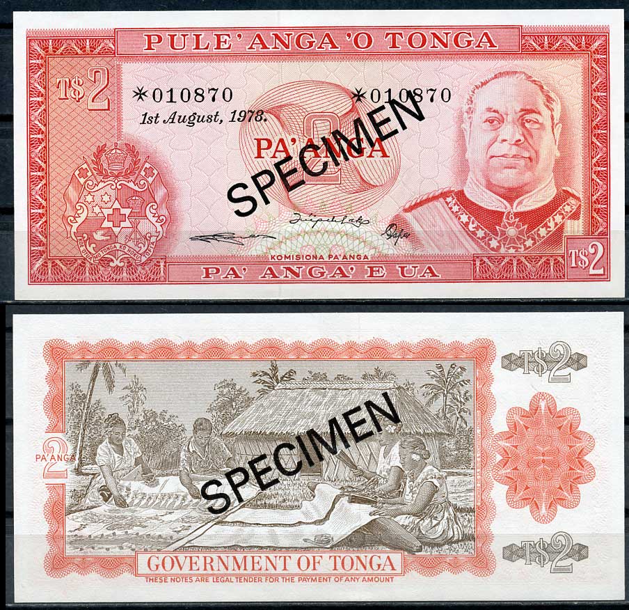 Тонга 1, 2, 5 и 10 паанга 1978 образец, Specimen, № 010870 Pick 19 s, 20 s, 21 s, 22 s  бумага  UNC (пресс) 451-4-2