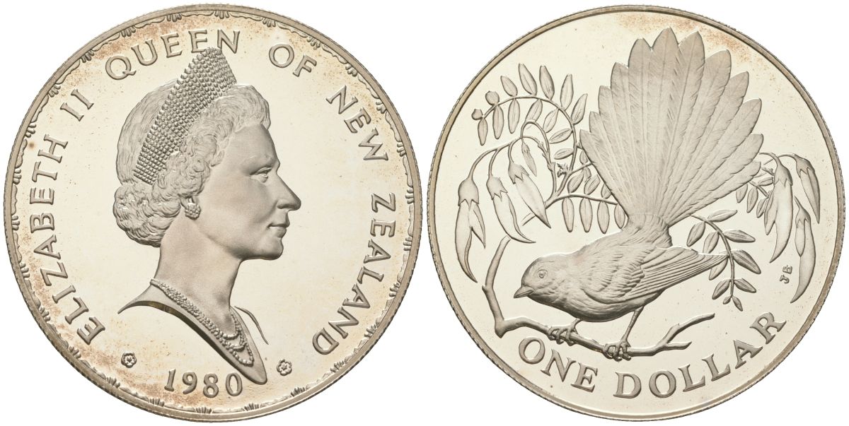 Новая Зеландия 1 доллар 1980 веерохвостка на ветке, Елизавета II (1952-2022) KM 49 a серебро PROOF 1080-4-22
