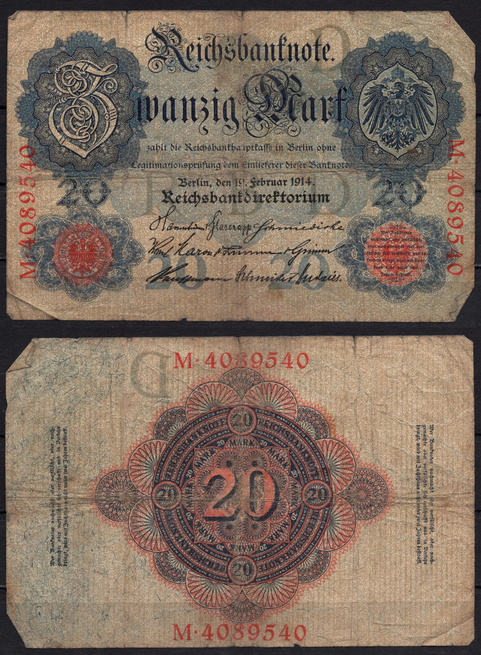 Германия 20 марок 1914 Pick 46b бумага 8592-40-1-2