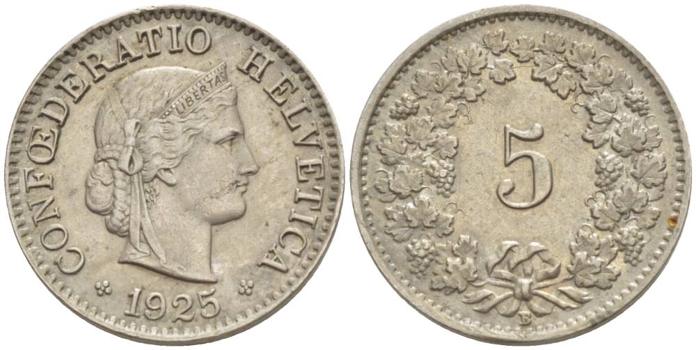 ШВЕЙЦАРИЯ 5 РАППЕНОВ 1925 В KM 26 медно-никель 4532-924