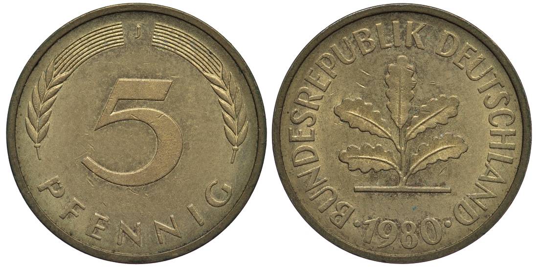 ФРГ 5 ПФЕННИГОВ 1980 J KM 107, Jager 382 сталь плакированная латунью 4547-761