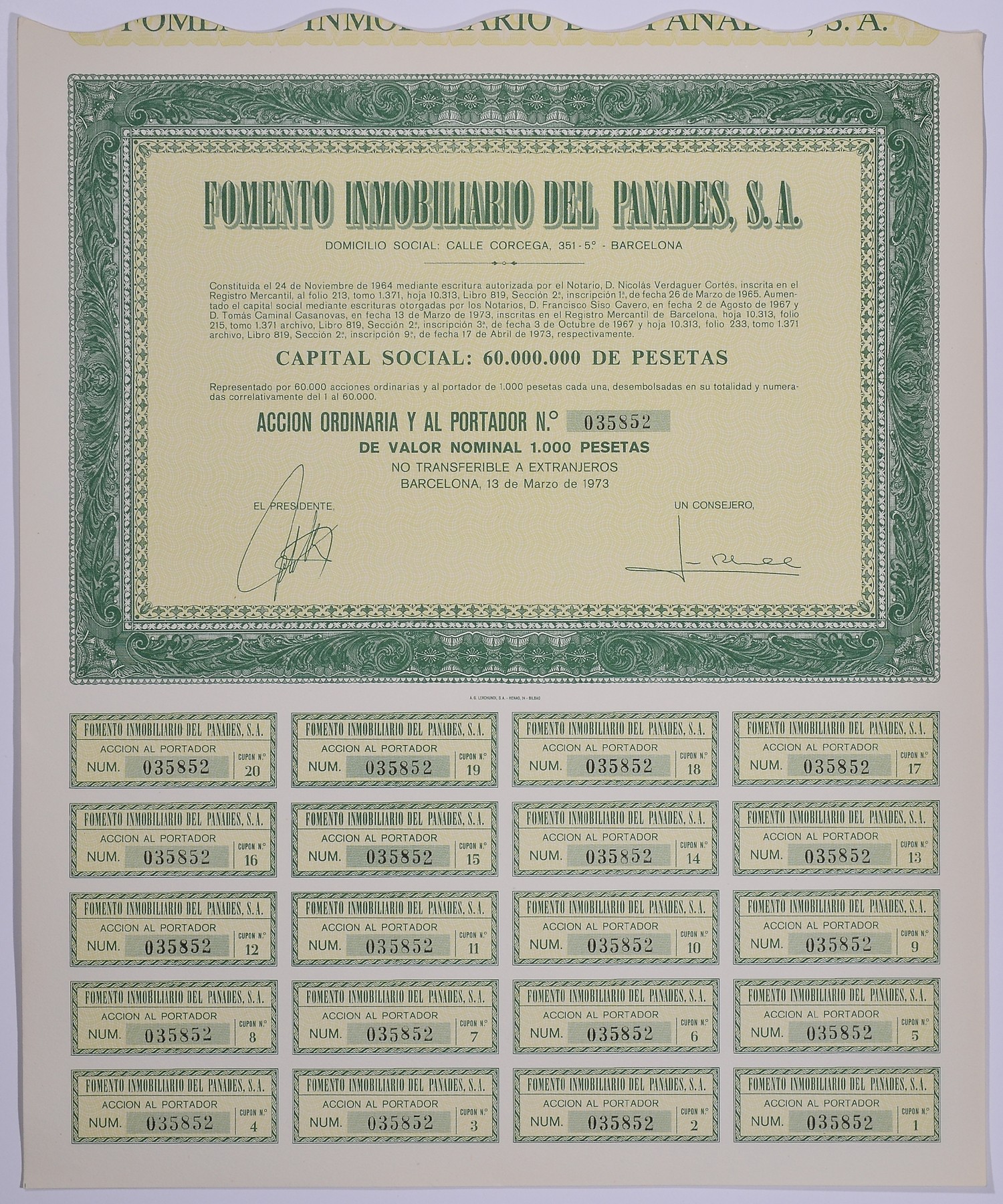 Испания акция на 1000 песет 1973 Fomento Inmobiliario del Panades, S.A., Барселона 1973, с купонами бумага 5544-17