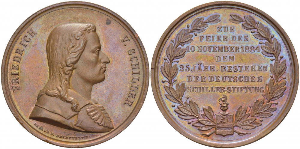 ГЕРМАНИЯ МЕДАЛЬ 1884 10 НОЯБРЯ 1884 ГОДА, 25 ЛЕТ ФОНДУ ШИЛЛЕРА, ДИАМЕТР 38 ММ., ВЕС 23,4 ГР. бронза UNC 01-147-42