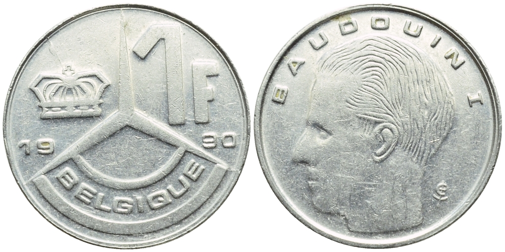БЕЛЬГИЯ 1 ФРАНК 1990 BELGIQUE KM 170 железо плакированное никелем 4392-864