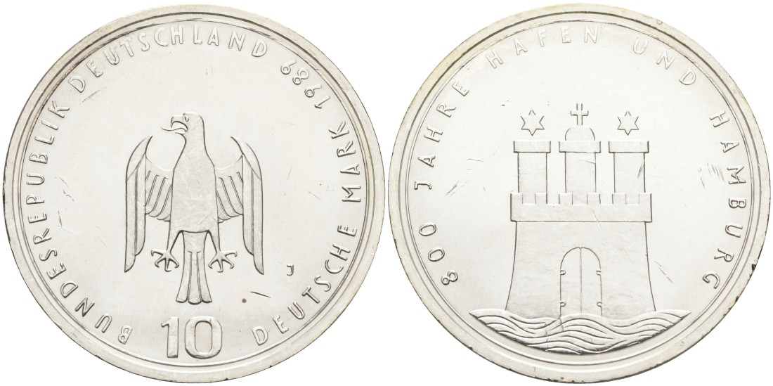 ФРГ 10 марок 1989 J, 800 лет порту Гамбурга J. 448, KM 171 серебро UNC 4558-322