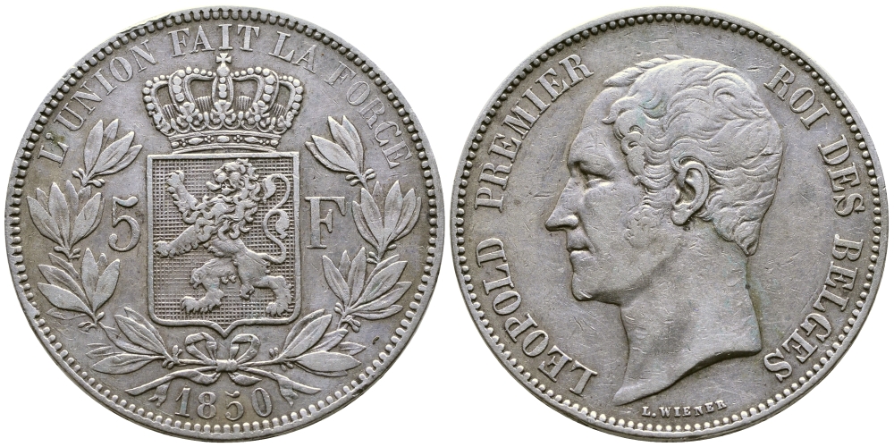 Бельгия 5 франков 1850 Леопольд I (1831-1865) KM 17 серебро 00-1067-3-51