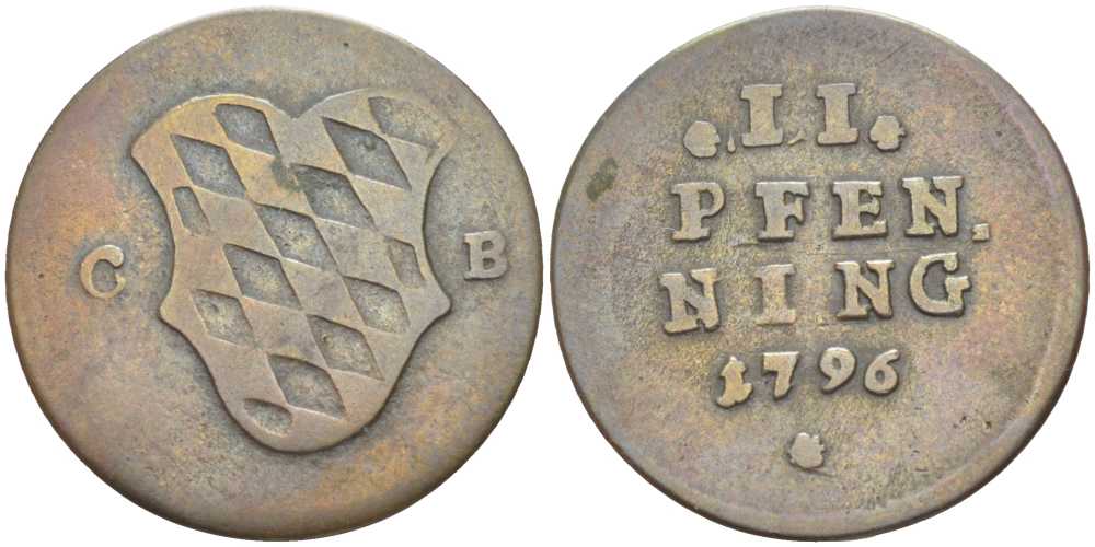 Бавария 2 пфеннига 1796 GB, Карл Теодор (1777-1799) КМ 269 медь 201-238