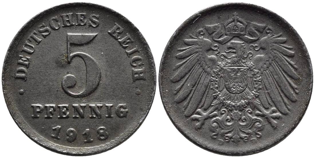 ГЕРМАНИЯ 5 ПФЕННИГОВ 1918 D KM 19, Jager 297, Weege 5 железо 4547-568