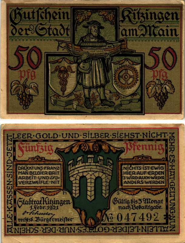 КИТЦИНГЕН 50 ПФЕННИГОВ 1921 С 1 ФЕВРАЛЯ 1921 НА 1 МЕСЯЦ, НОТГЕЛЬД, ЗЕМЛЯ БАВАРИЯ Keller К28.19b бумага 6318-28-2-2