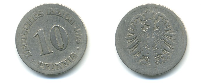 ГЕРМАНИЯ 10 ПФЕННИГОВ 1874 СТАРОГЕРБОВКА, KM 4, J. 4 медно-никель 4379-722