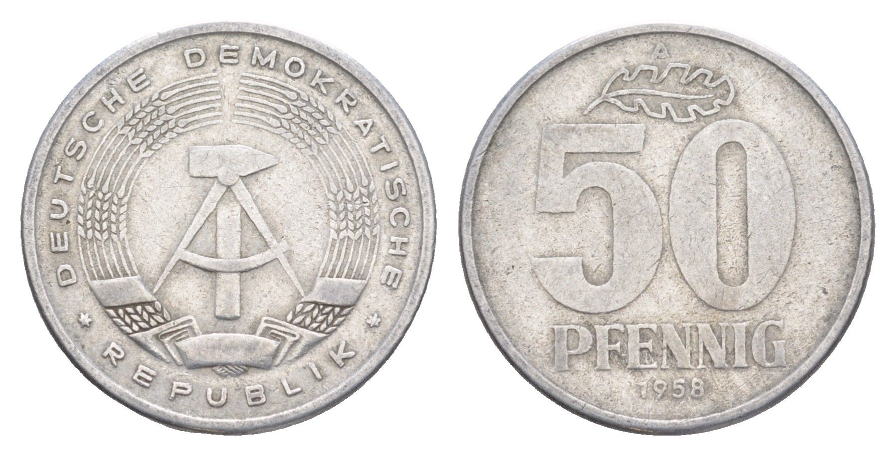 ГДР 50 пфеннигов 1958 A KM 12.1 алюминий 4648-1026